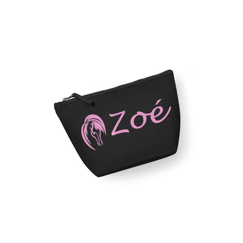 Trousse maquillage personnalisée cheval prénom noir